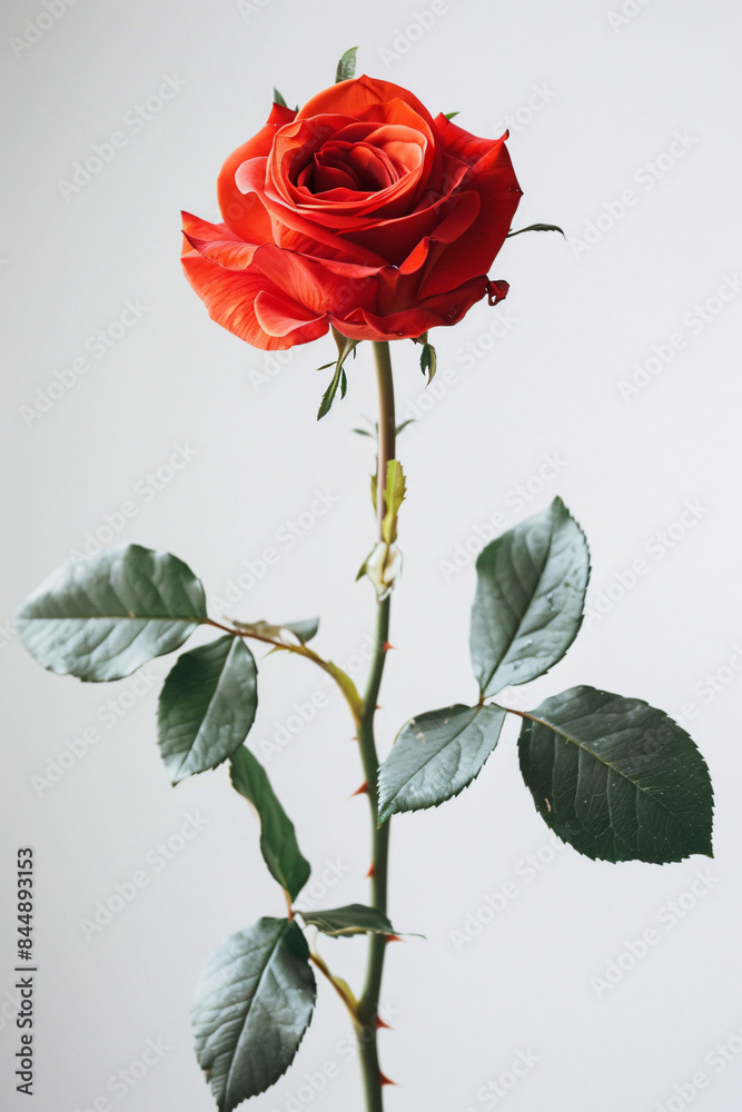 Close-up of a single red rose with green leaves against a plain background Close-up of a single red rose with green leaves against a plain background