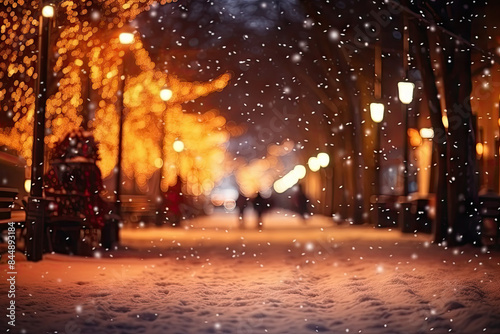 Magical winter evening on a snowy city street illuminated by warm streetlights, creating a cozy holiday atmosphere