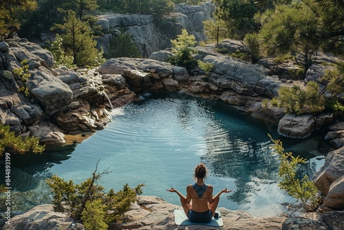 Woman Meditating by a Natural Pool in a Tropical Setting