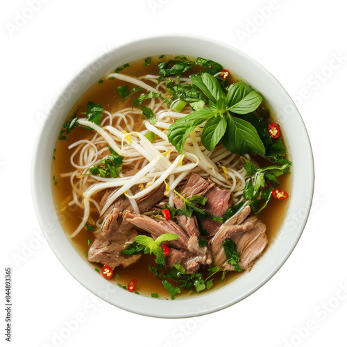 Vietnamese soup Pho on a white bowl with Transparent background. Pho soup, flat lay. Food for menu, restaurants.