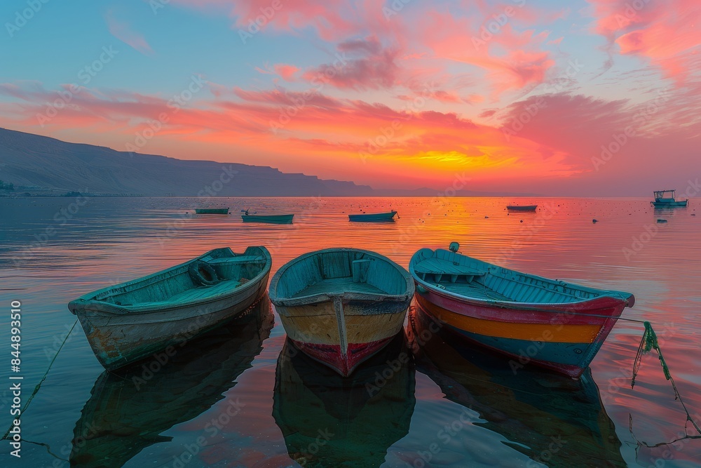 Obraz premium Colorful Boats at Sunset on Calm Sea With Mountain View