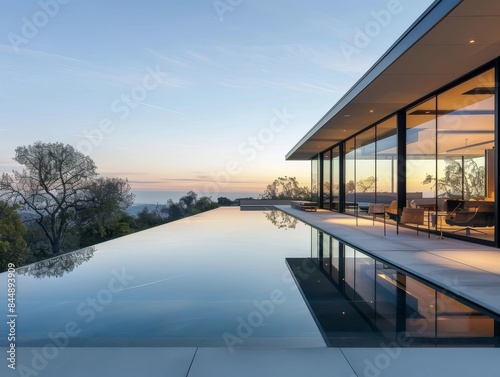Modern Minimalist Home with Infinity Pool and Panoramic Landscape View at Dusk © Pannawish