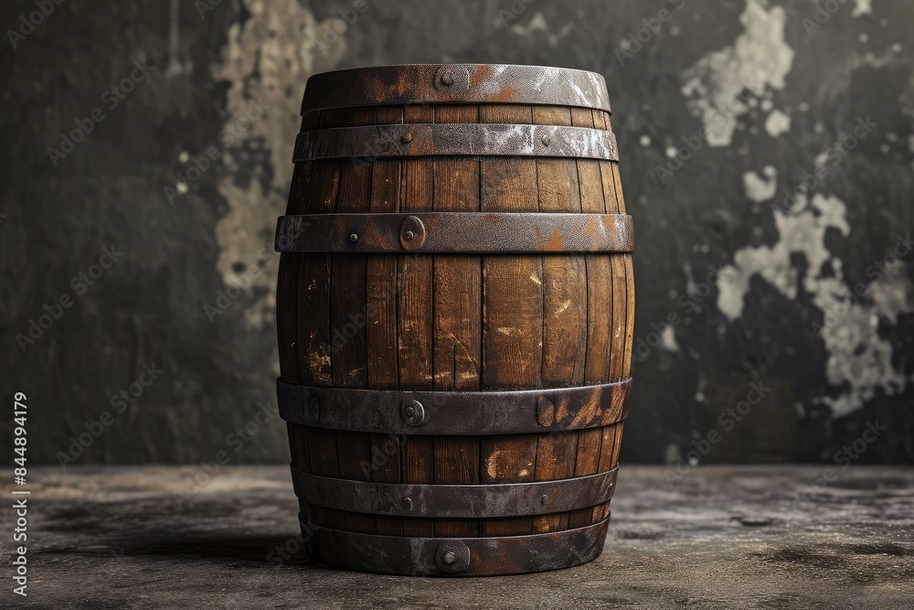 Fototapeta premium Classic wooden barrel stands against a textured wall, invoking a timeless feel