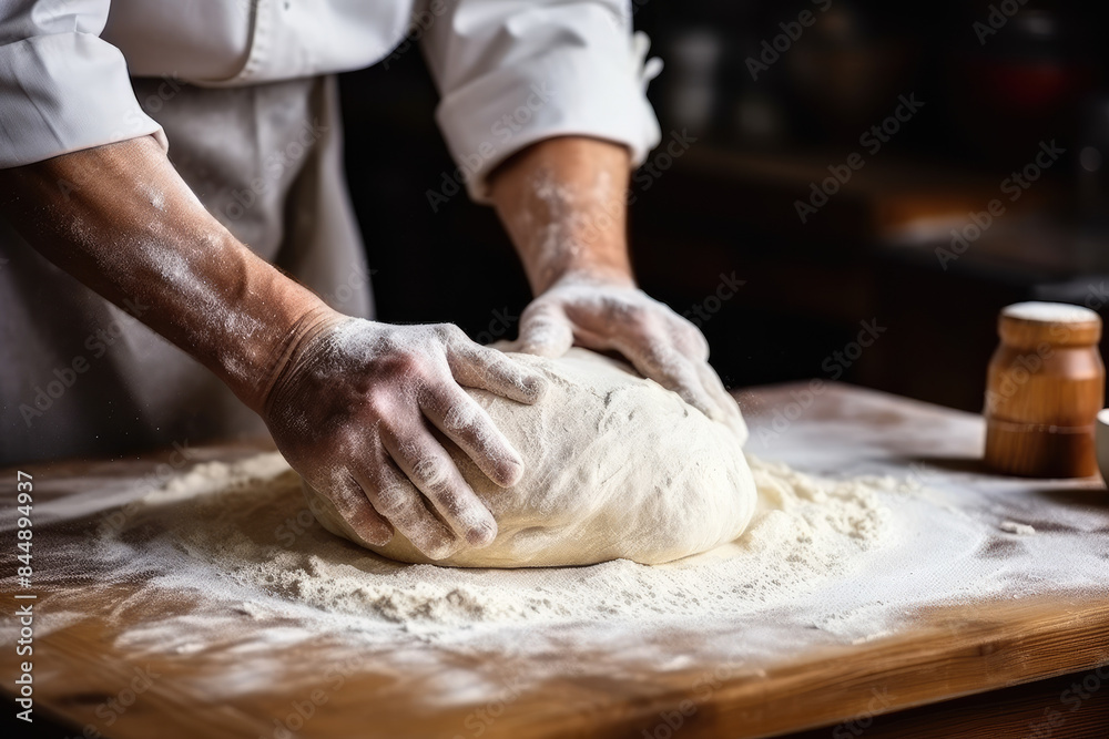 Experienced baker kneading dough on a wooden counter, showcasing the art and skill of traditional bread-making.
