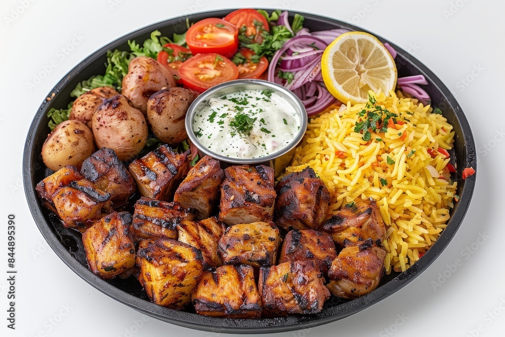 Platter of grilled kebabs with vegetables and dipping sauce, perfect for high resolution food photography and showcasing Mediterranean cuisine Platter of grilled kebabs with vegetables and dipping sauce, perfect for high resolution food photography and showcasing Mediterranean cuisine
