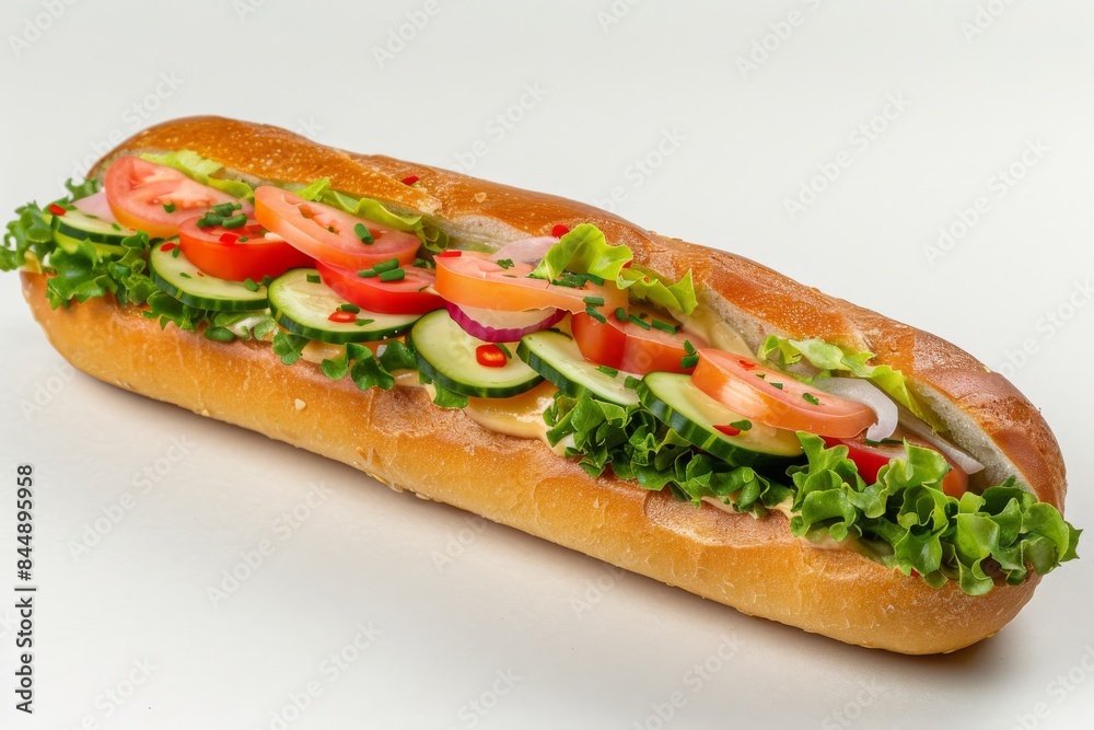Fresh sub sandwich with crisp lettuce, tomatoes, and onions on a soft hoagie roll, ideal for vibrant and healthy food photography Fresh sub sandwich with crisp lettuce, tomatoes, and onions on a soft hoagie roll, ideal for vibrant and healthy food photography