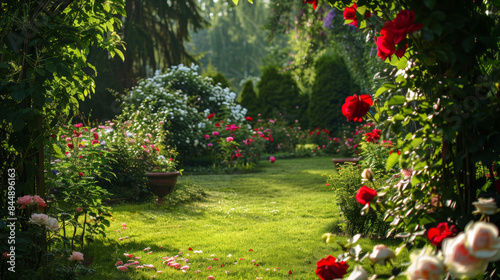 A garden with a path and a red archway