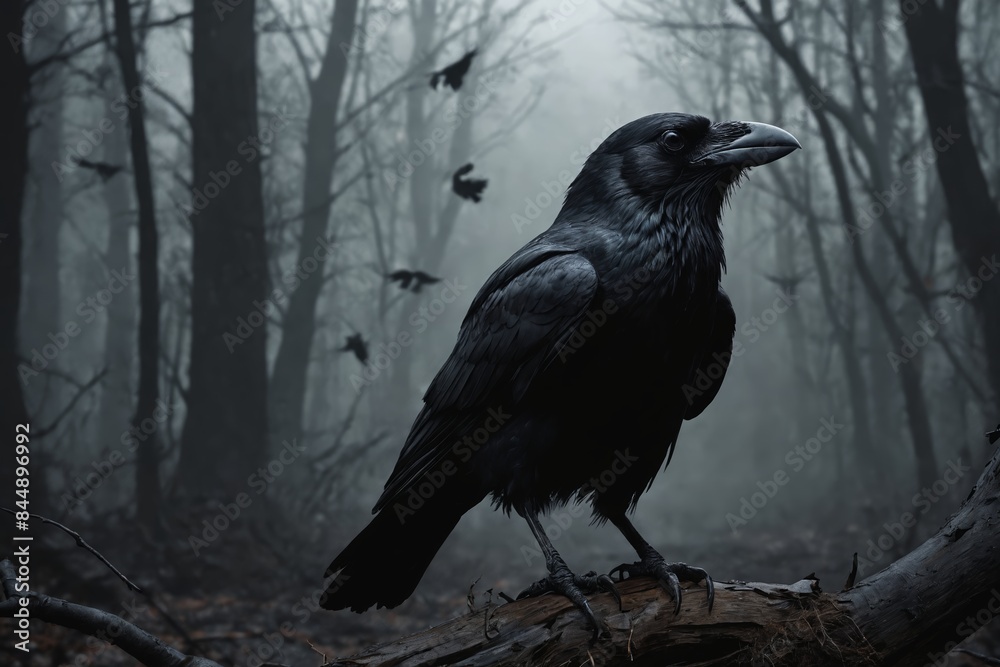 Fototapeta premium Gothic Intrigue Captured by a Shimmering Raven Pondering Amidst Dead Leaves