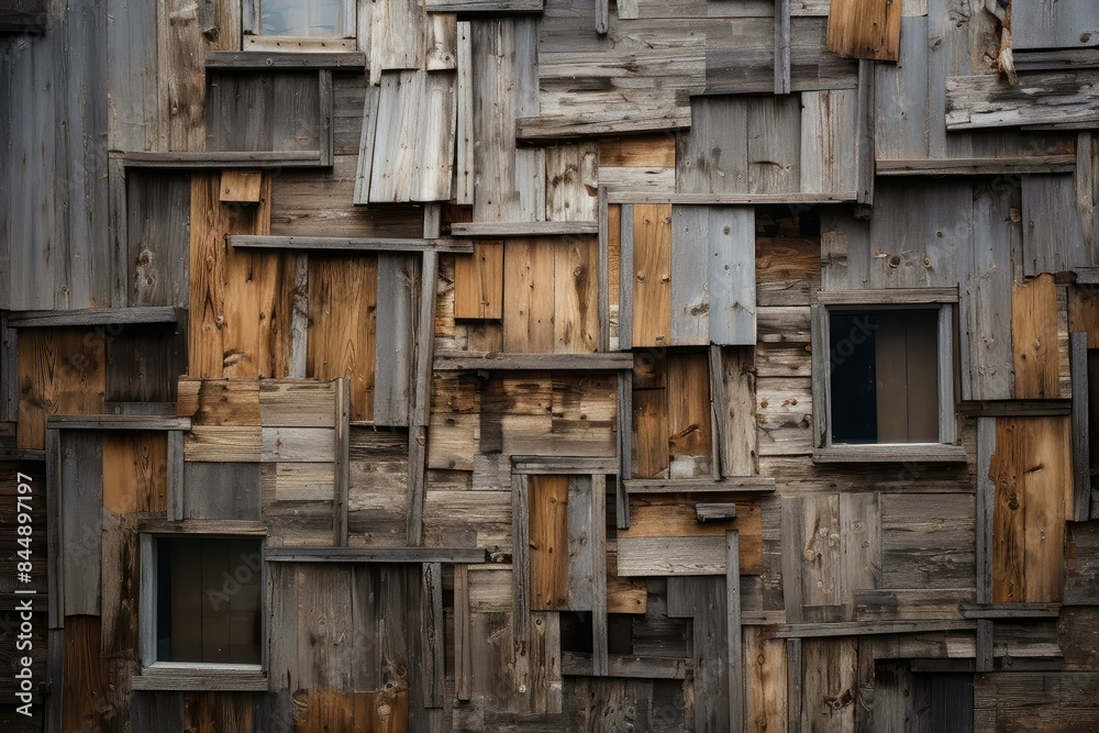 Textured background of an old wooden wall with varied planks and scattered windows Textured background of an old wooden wall with varied planks and scattered windows
