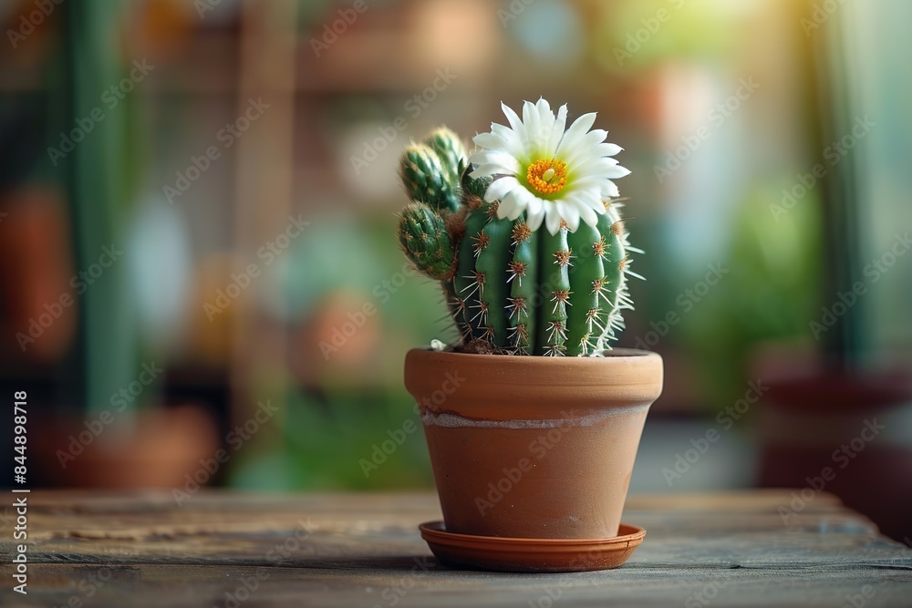 Cactus in pot on wooden table. Cactus flowers in pot at cactus garden , Selective focus Cactus in pot on wooden table. Cactus flowers in pot at cactus garden , Selective focus