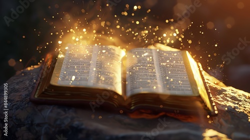 Bible book of mystical stories with magical literature. Open pages filled with imagination, wisdom and religious devotion. Perfect for education, study, and exploring spiritual beliefs.