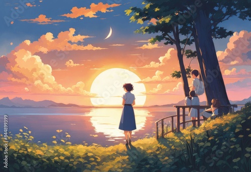 illustration of a lone person at night by moonlight in anime and cartoon style.