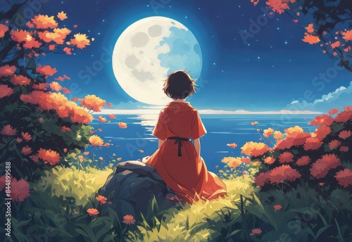 illustration of a lone person at night by moonlight in anime and cartoon style.