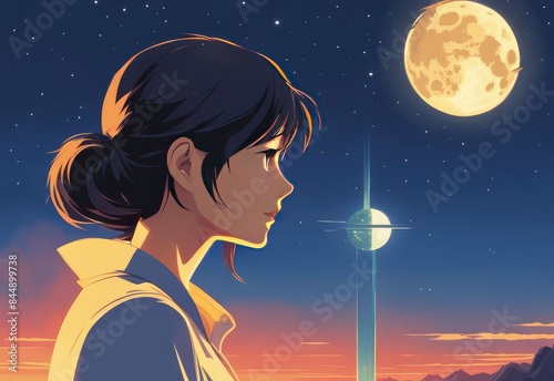 illustration of a lone person at night by moonlight in anime and cartoon style.