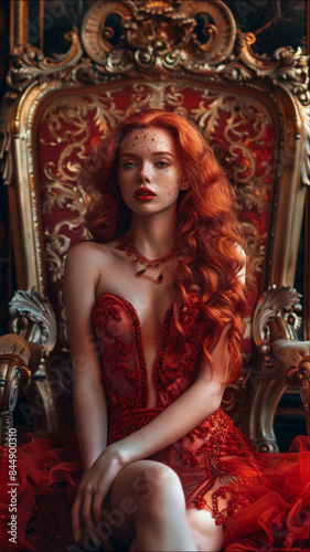 a red-haired girl, by zodiac sign Leo, show self-love and selfishness of this girl in her facial expressions and emotions, she is sitting on a luxurious throne with a lavish atmosphere around her © Mix Creative