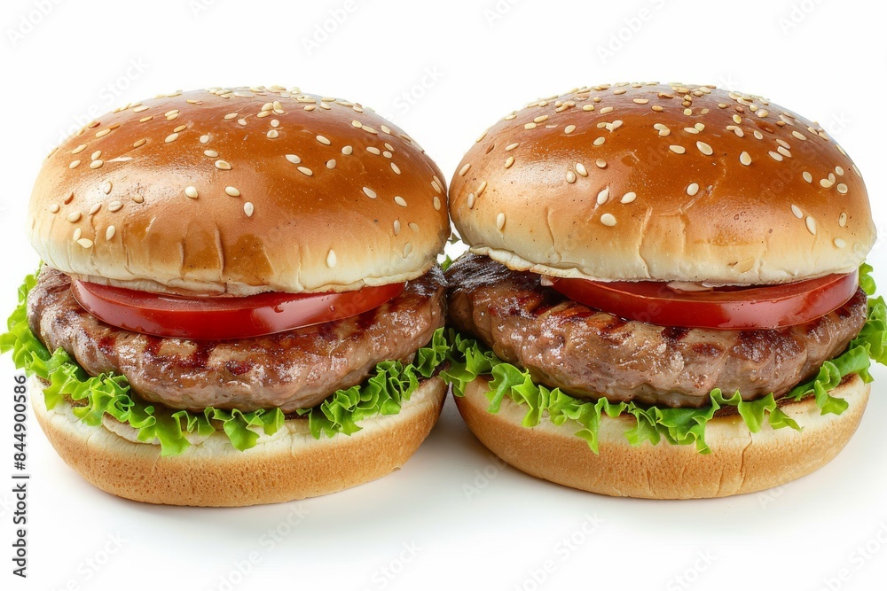 Double cheeseburgers with fresh lettuce, tomato, and sesame seed buns, perfect for high resolution food photography and showcasing a classic gourmet meal Double cheeseburgers with fresh lettuce, tomato, and sesame seed buns, perfect for high resolution food photography and showcasing a classic gourmet meal