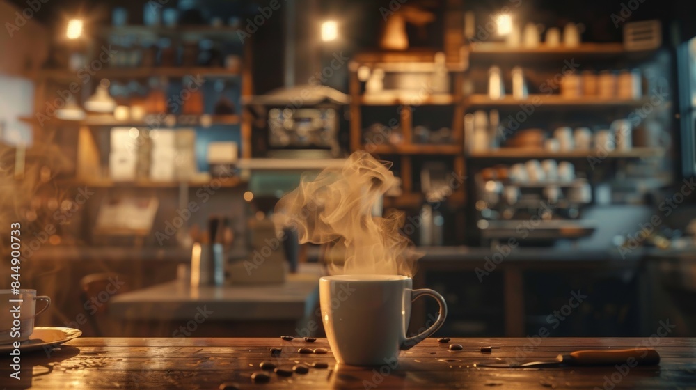A cup of coffee on a table with two cups and saucers, AI