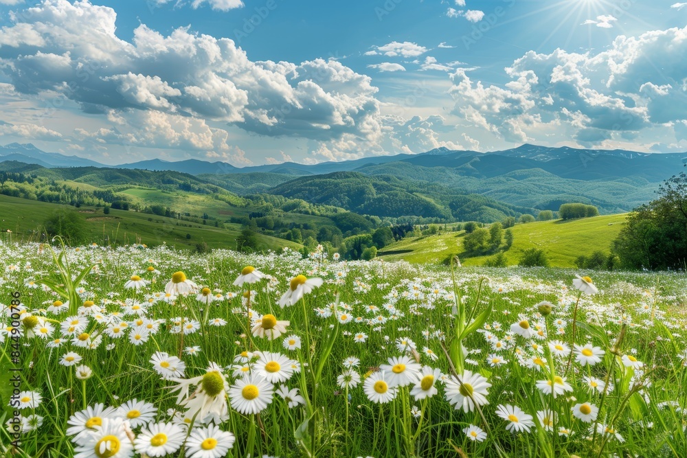 Obraz premium Vibrant spring and summer panoramic countryside with daisy field, sun, and clouds