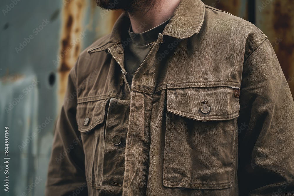 Detailed view of a fashionable military-style jacket worn by a young man Detailed view of a fashionable military-style jacket worn by a young man