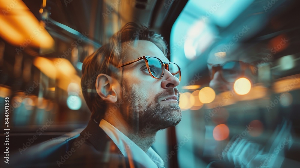 Bearded man in glasses deep in thought, riding subway with blurred lights creating dynamic motion effect. Bearded man in glasses deep in thought, riding subway with blurred lights creating dynamic motion effect.