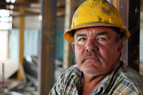 Close-up of a seasoned construction worker with a hard hat at a building site