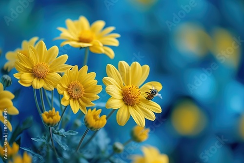 Scene with small yellow summer flowers in a field. Selective focus. Nature background. Warm season and blossom concept.