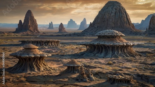 Fantastic Sci-fi landscape of a spaceship on a sunny day, flying over a desert with amazing arch-shaped rock formations - Illustration 3d