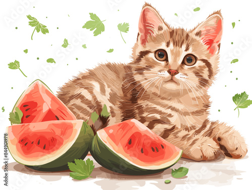 Striped kitten with watermelon on a white background