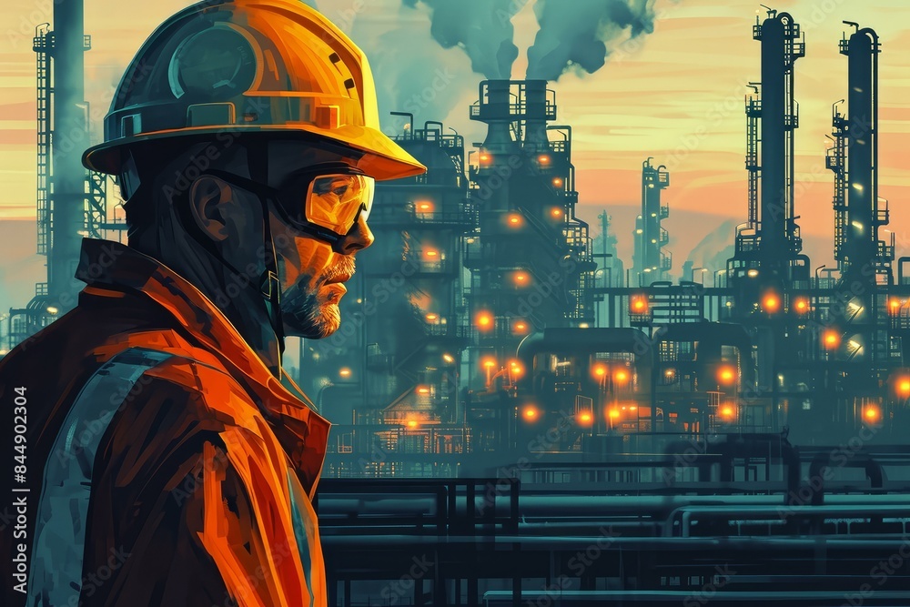 Pensive engineer in safety gear observes operations at a busy oil refinery Pensive engineer in safety gear observes operations at a busy oil refinery