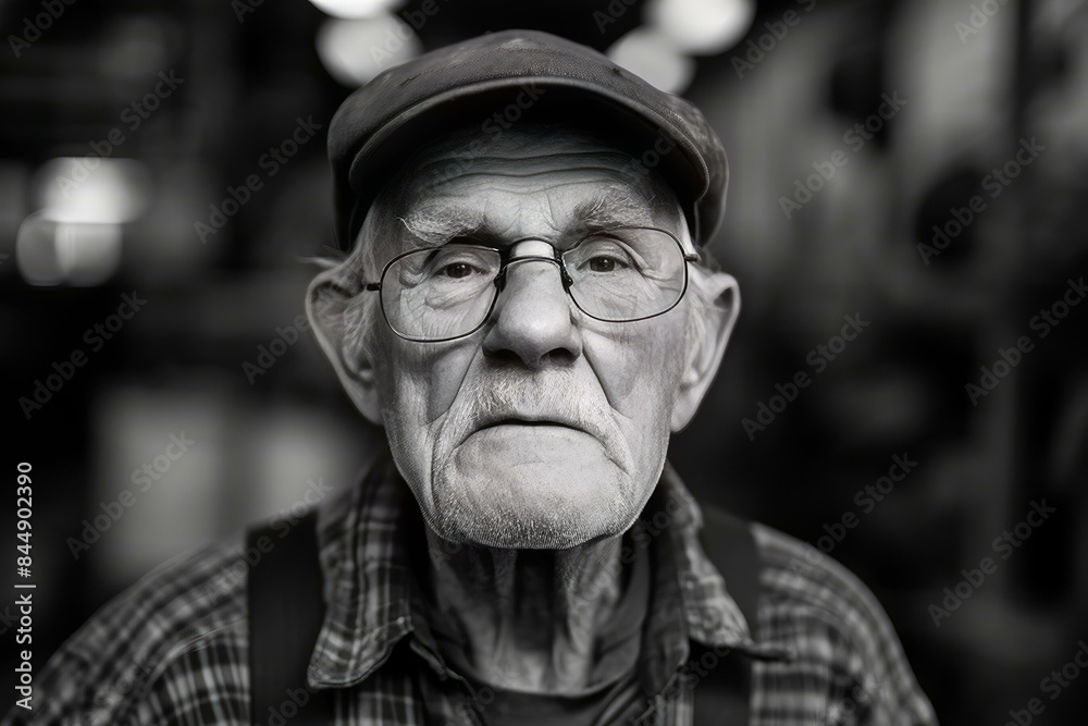 Black and white close-up of an elderly man with glasses wearing a cap, looking at the camera Black and white close-up of an elderly man with glasses wearing a cap, looking at the camera