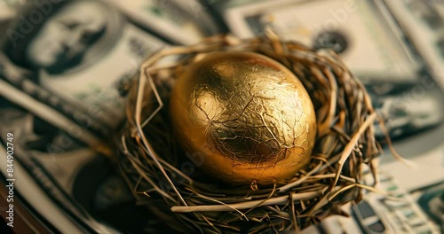 Golden egg in a dollar bill nest, showcasing the protective benefits of an effective dividend strategy. Dividend strategies photo