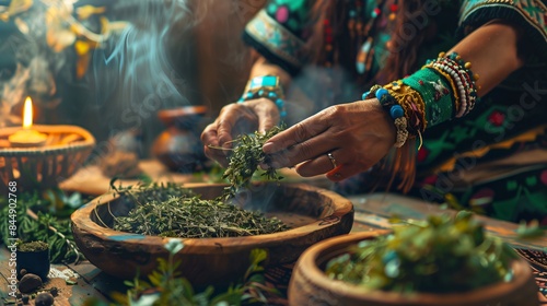 Shaman woman prepares magic herbs for a ritual, surrounded by candlelight and fragrant smoke, creating a blend for healing and spiritual practices
