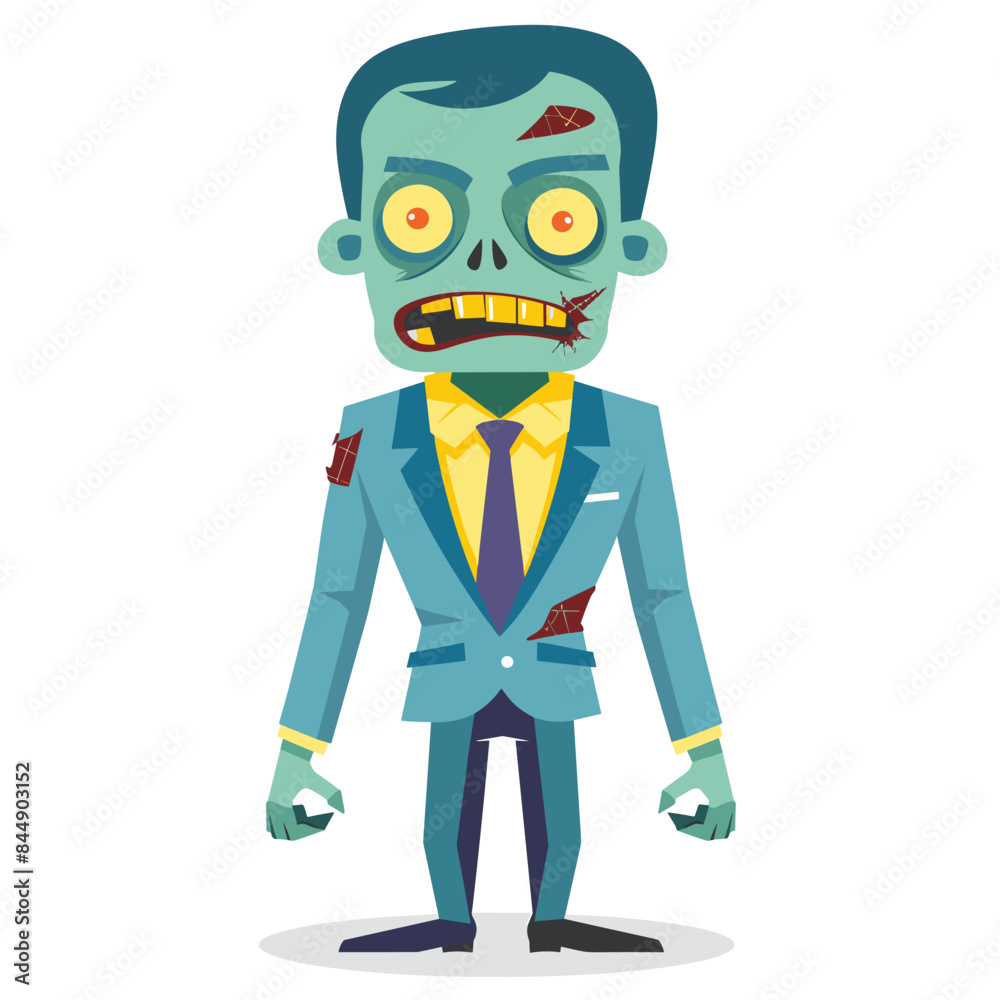 Zombie businessman cartoon standing straight, undead character suit tie, green skin, tattered clothes. Office zombie illustration isolated, funny horror concept, cartoonish style, playful undead Zombie businessman cartoon standing straight, undead character suit tie, green skin, tattered clothes. Office zombie illustration isolated, funny horror concept, cartoonish style, playful undead