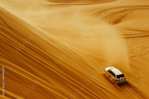 Top view of an suv conquering vast golden sand dunes in a dramatic desert landscape