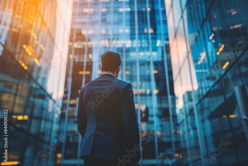 Businessman in sophisticated suit with modern glass office buildings in the background