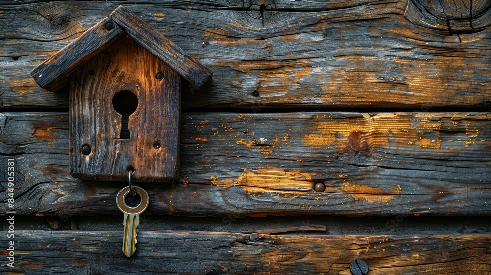Rustic Wooden Birdhouse with Key on Weathered Wall Rustic Wooden Birdhouse with Key on Weathered Wall