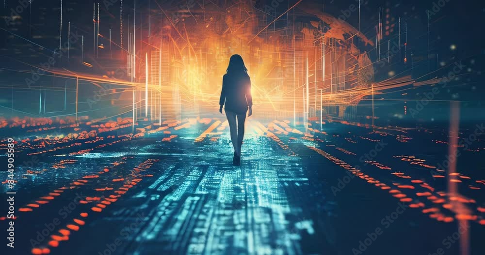 Stock market graph with a woman walking towards a bright horizon, representing success via dividends. Dividend strategies Stock market graph with a woman walking towards a bright horizon, representing success via dividends. Dividend strategies