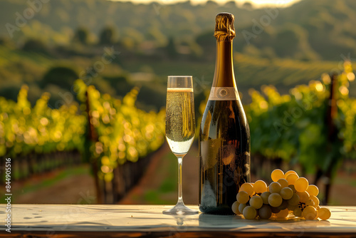 A bottle of champagne or cava and a flute on the table, with a background of vineyards in the summer in Empordà, Catalunya, Spain