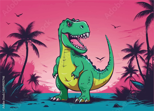 Vector design for children's t-shirt. 
Green dinosaur raptor with open mouth 
on pink background with palm trees in jungle. 
Pattern for textiles, 
fabric, clothing for boy in cartoon style.