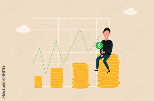 Money Growth post. Businessman sitting on money. Investment growth, capital gain profit or wealth increase banner. Pension fund or revenue, financial success, increase deposit value concept post