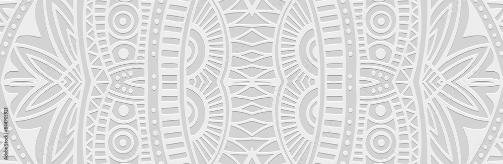 Banner, original cover design. Relief geometric ethnic 3D pattern on a white background. Ornaments, arabesques, handmade. Boho motifs, traditions of the East, Asia, India, Mexico, Aztec, Peru.