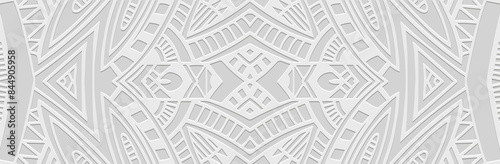 Banner, cover art design. Relief geometric ethnic 3D pattern on a white background. Ornaments, arabesques, handmade. Boho motifs, traditions of the East, Asia, India, Mexico, Aztec, Peru.
