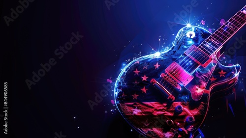 Electric guitar with neon lighting effects in dark background