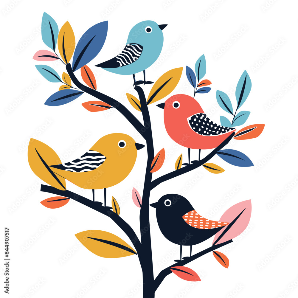 Colorful birds perched tree branches adorned leaves. Four stylized songbirds, vibrant feathers, nature themed graphic. Artistic branch playful avian characters, simple shapes, modern design