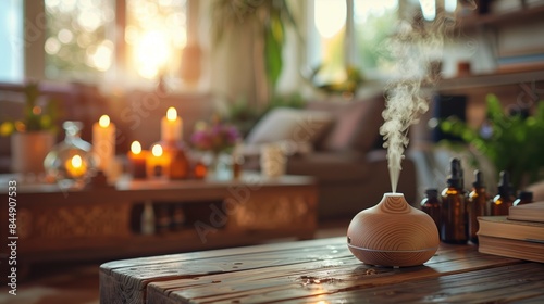 Modern Aromatherapy Diffuser with Soft Mist in Cozy Living Room © Umut