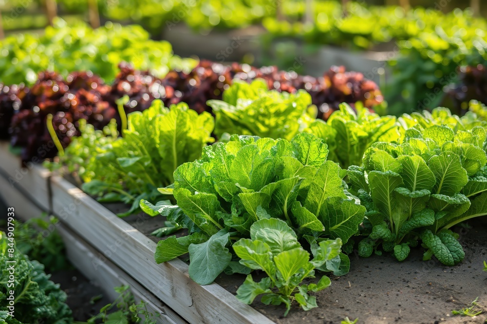 A vibrant home garden featuring various vegetable plants in raised beds. The lush greenery and healthy growth are illuminated by sunlight.