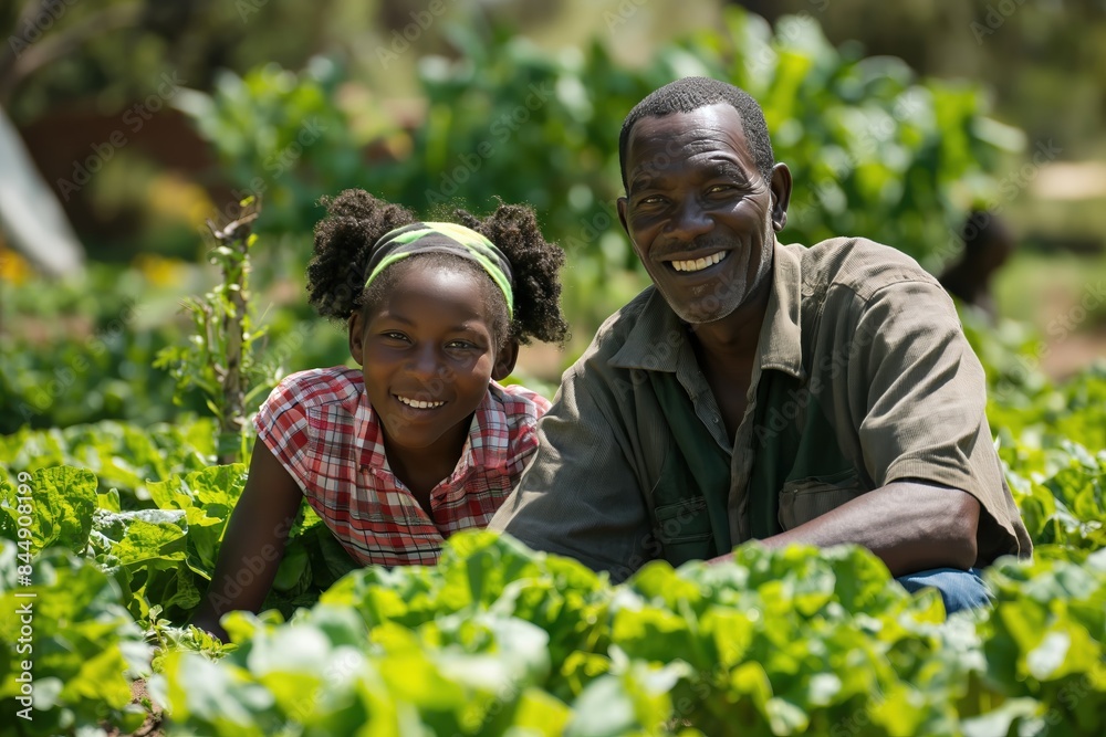 A joyful family working together in their lush vegetable garden. A father and daughter smile warmly, surrounded by thriving green plants, embodying the spirit of teamwork and sustainable farming. A joyful family working together in their lush vegetable garden. A father and daughter smile warmly, surrounded by thriving green plants, embodying the spirit of teamwork and sustainable farming.