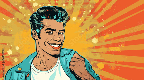 Cheerful man in a blue jacket on an orange background smiling portrait in pop art style