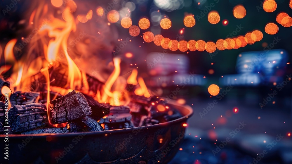 Glowing fire pit at night with string lights in background Glowing fire pit at night with string lights in background