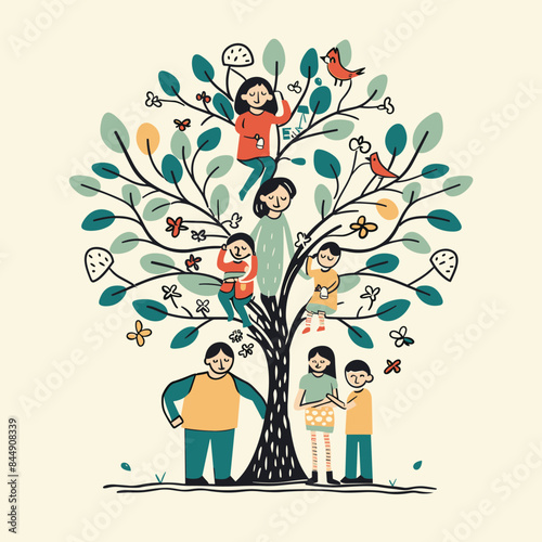 Family tree illustration multiple generations. Cartoon people various ages, genders, ethnicities gathered around tree. Whimsical design, colorful leaves flowers, happy expressions